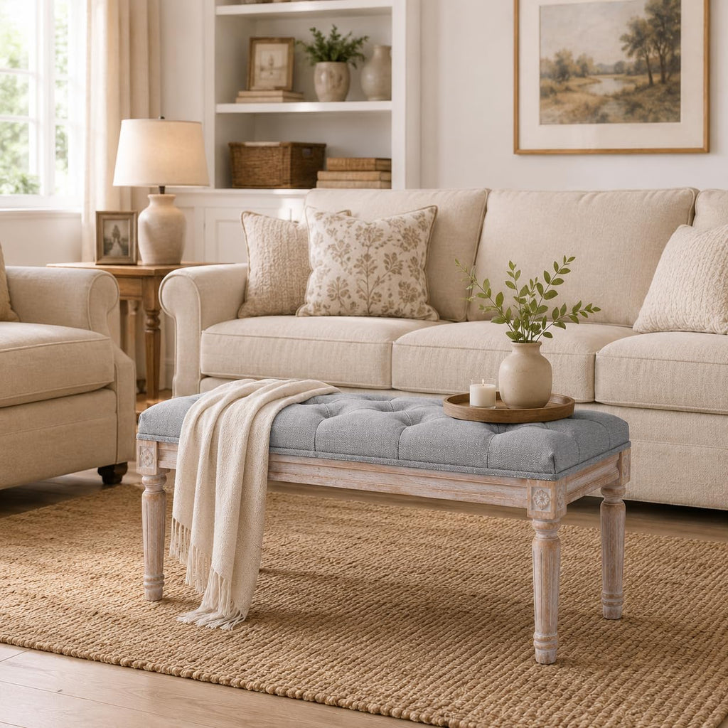 Tufted Entryway Bench, Upholstered Rustic Ottoman Bench, 31.5" x 15.75" x 15.7" Gray