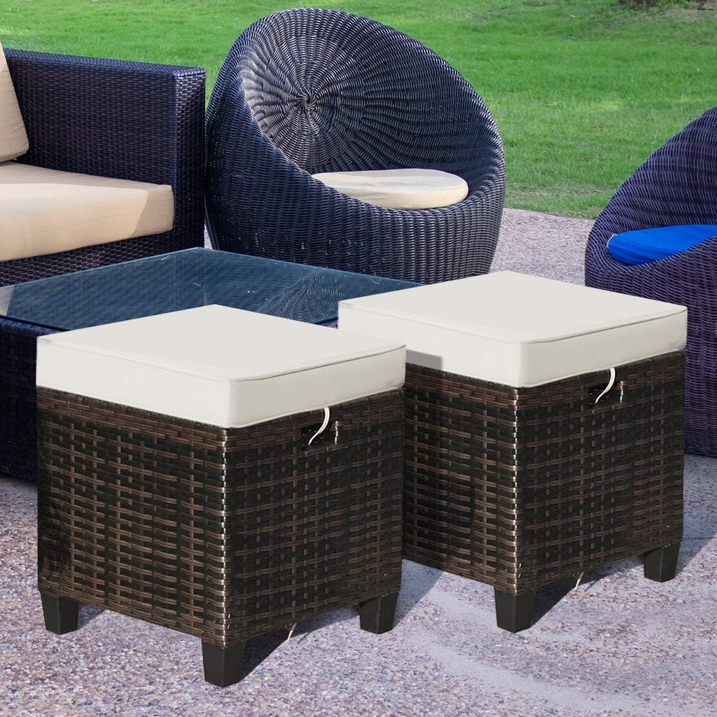 2 Pieces Outdoor Patio Ottoman, All Weather Rattan Wicker Ottoman Seat, Patio Rattan Furniture, Outdoor Footstool