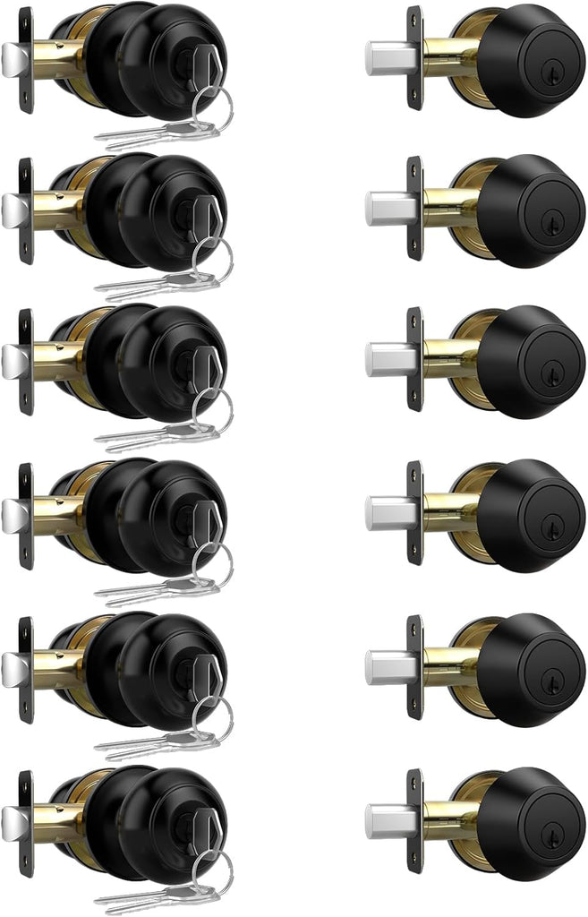 6 Pack Keyed Alike Exterior Door Knob with Lock, Single Cylinder Deadbolt Lock and Entry Door Knob Set