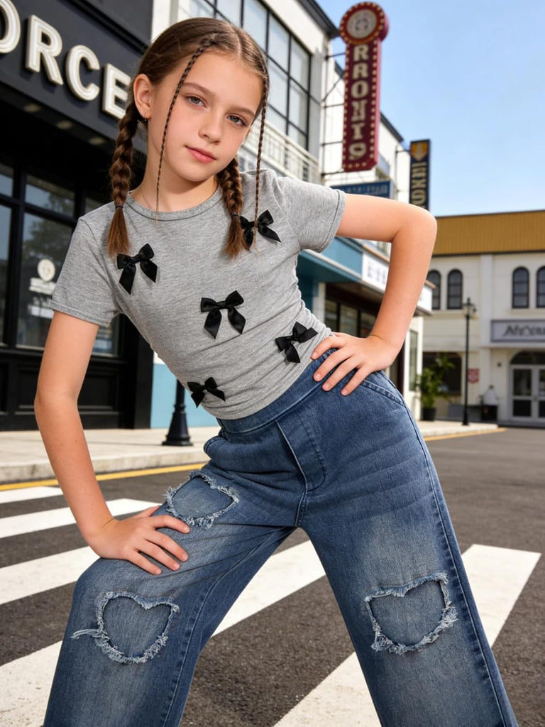 Girls 2 Piece Outfits Bow Short-Sleeved Top and Jeans Pants Clothing Set