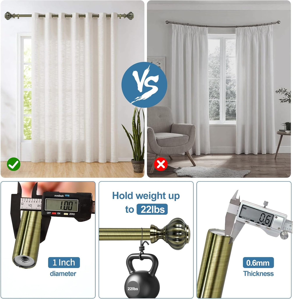1-inch Diameter Doorknob Adjustable Single Drapery Curtain Rod, 48-inch to 84-inch, Antique Brass