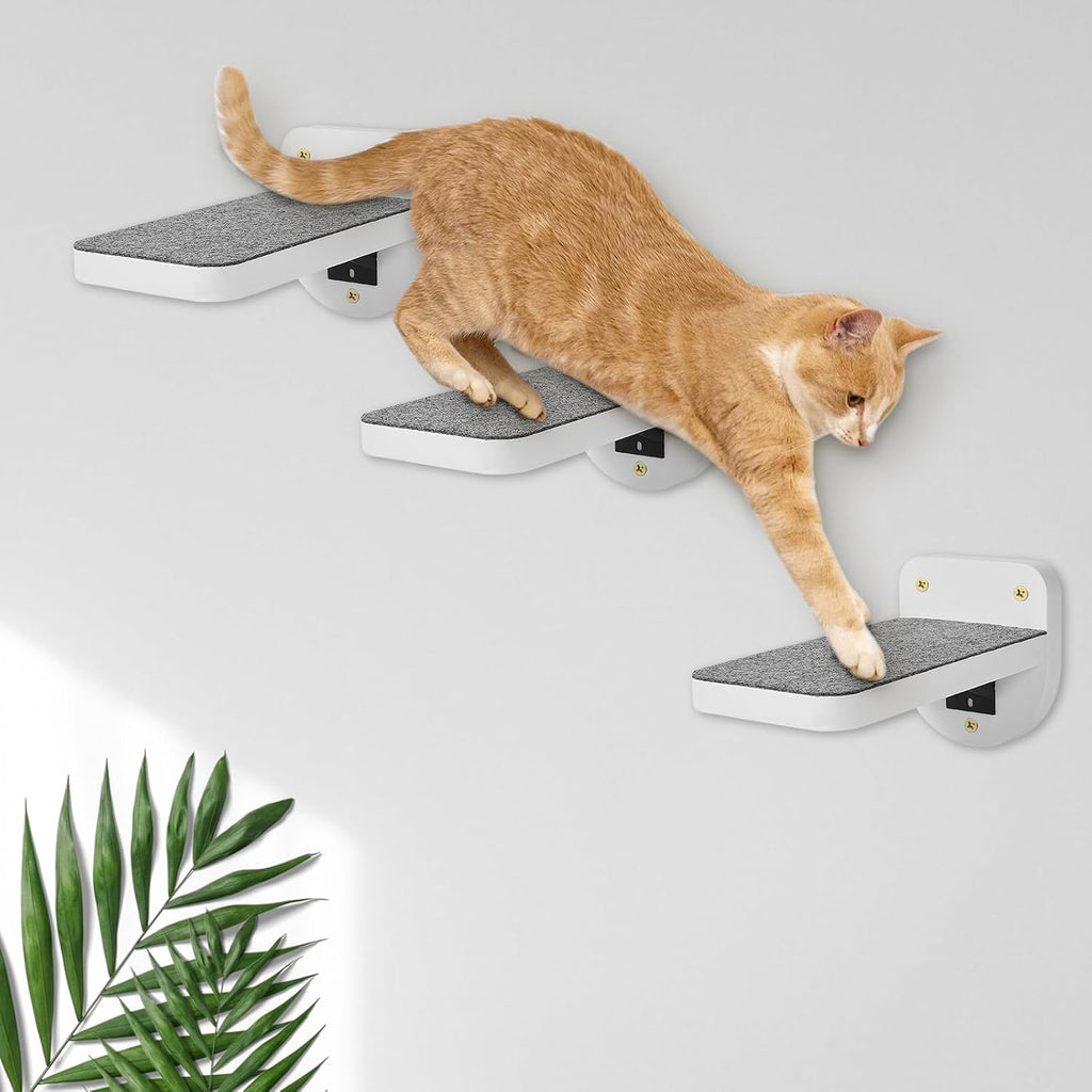 Set of 3 White Cat Wall Climbing Steps, Wall Mount Floating Shelves