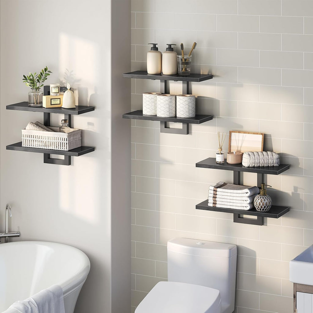Floating Shelves, 15 Inch Wall Shelf Set of 3, Wall Mounted Storage Shelves 2-Tier, Hanging Bathroom Shelves, Black