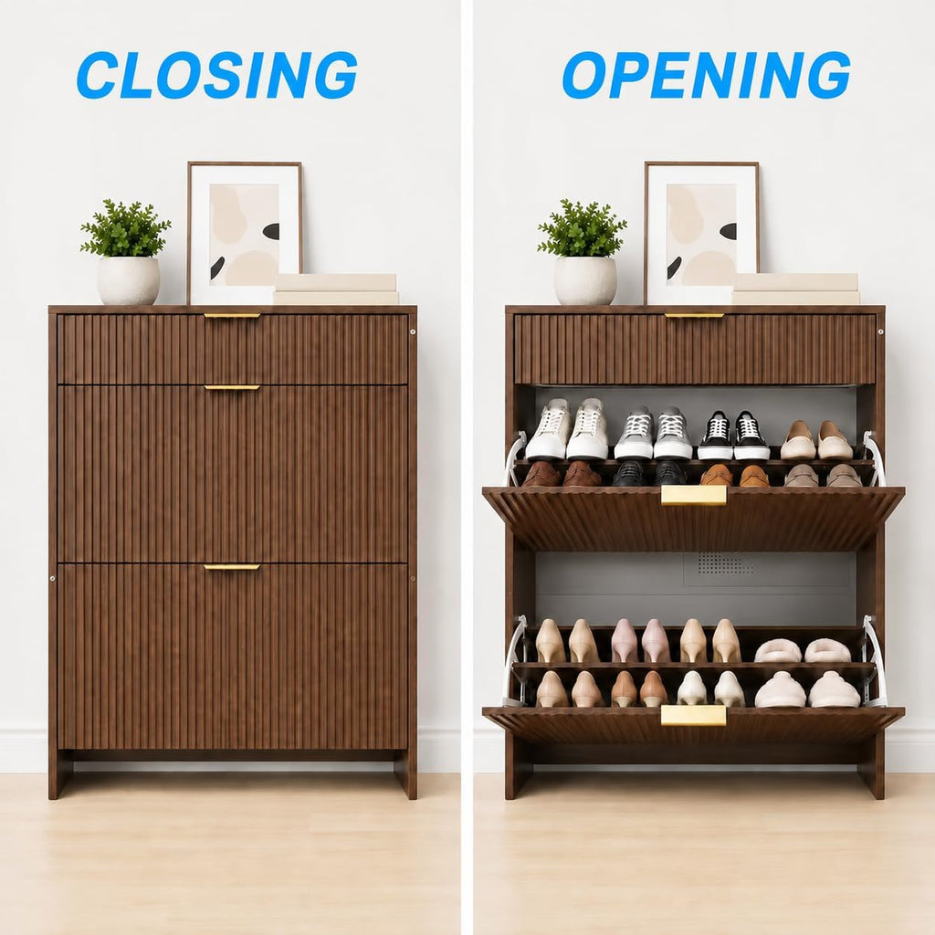 Shoe Storage Cabinet with Gold Pull Handles Narrow Fluted Entryway Shoe Organizer, Freestanding Drawer Rack Bedroom