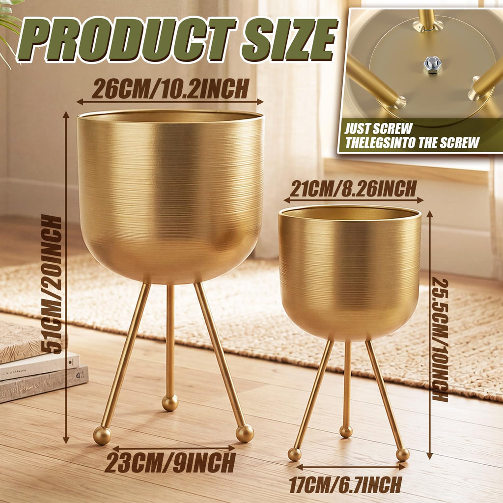 2 Pack Mid Century Modern Metal Planter with Stand, Gold