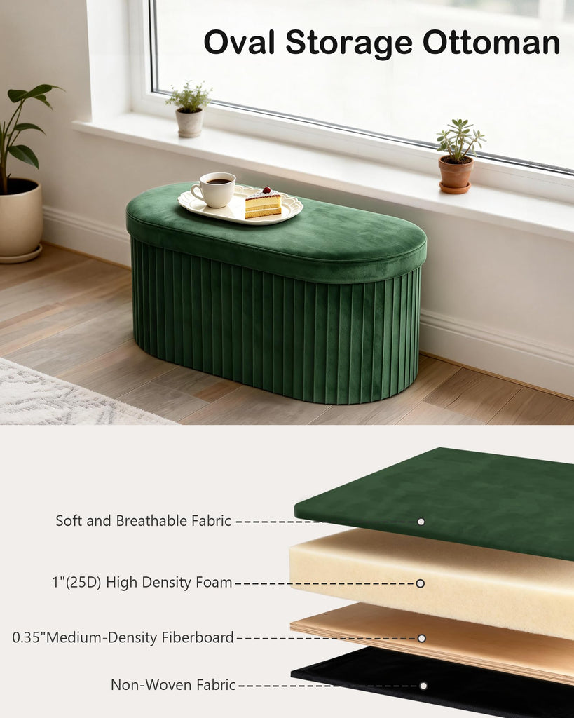 Folding Ottoman with Storage, Oval Velvet Storage Bench, Green