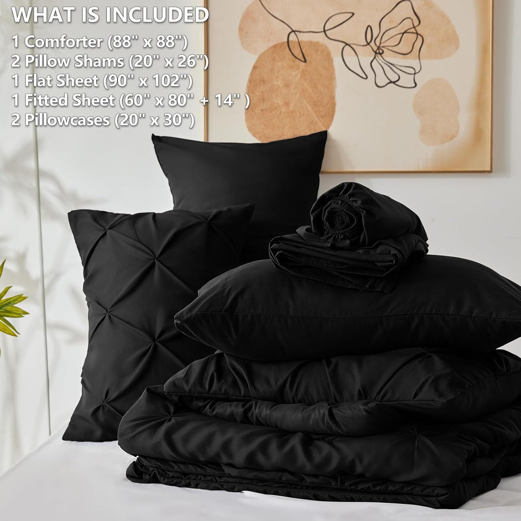 Queen Comforter Set Black, 7 Pieces Pintuck Bed in A Bag, Premium Black Comforter Queen