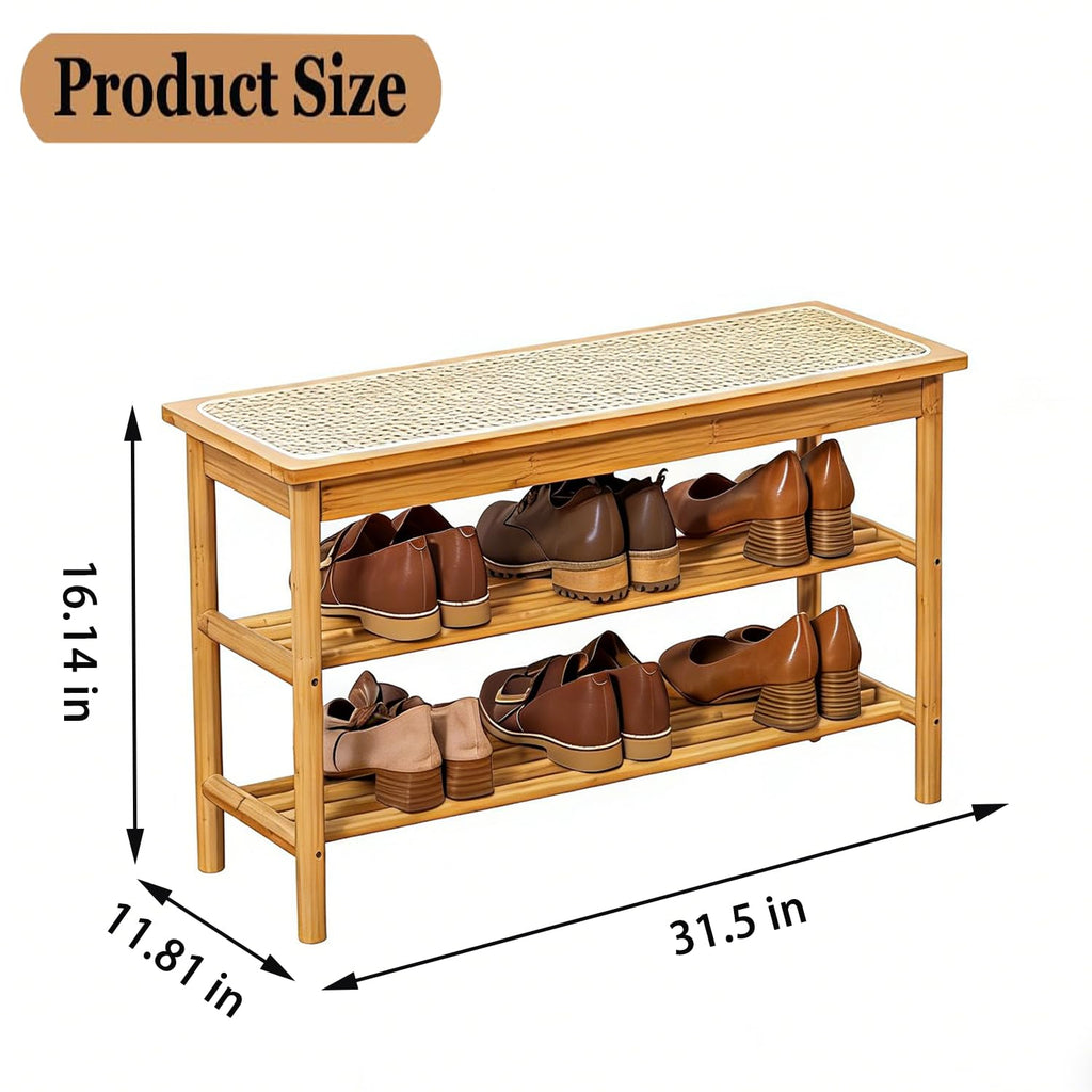 Shoe Rack Bench, 3-Tier Bamboo Shoe Bench with Breathable Rattan Seat Cushion, Shoe Storage Rack (Nautre, 31.50''L)