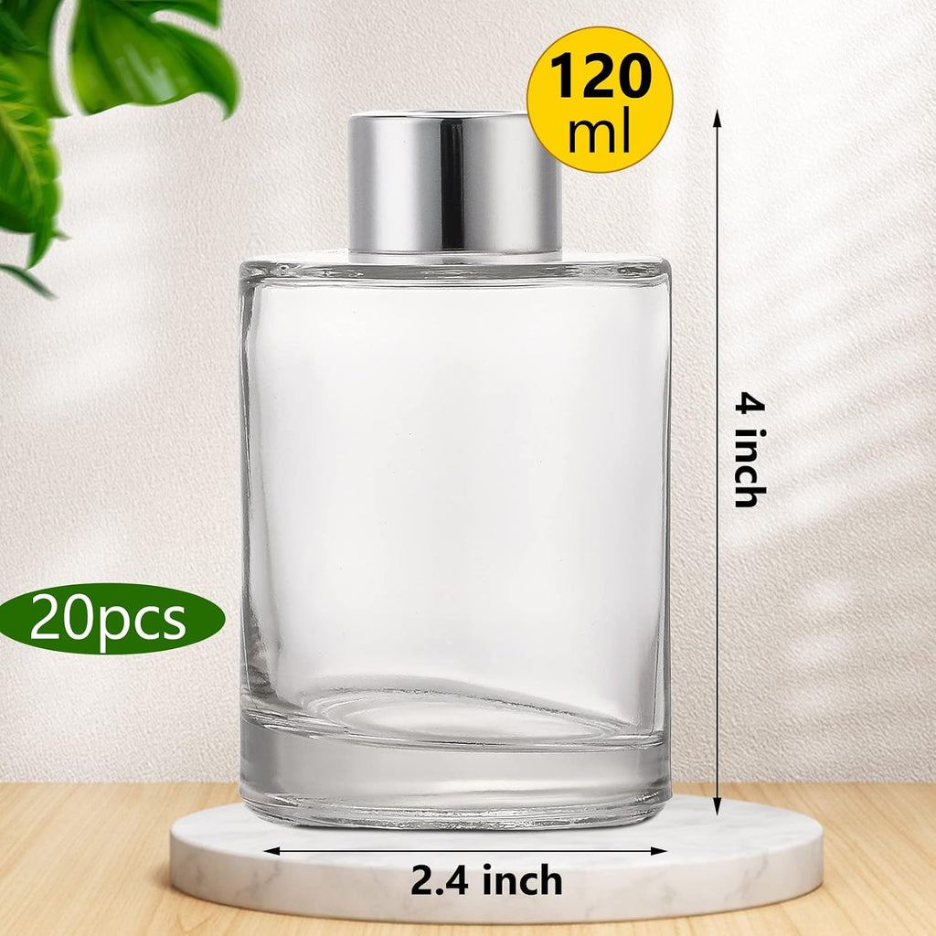 Reed Diffuser Bottles 4 oz Refillable Glass with Silver Caps - Set of 20