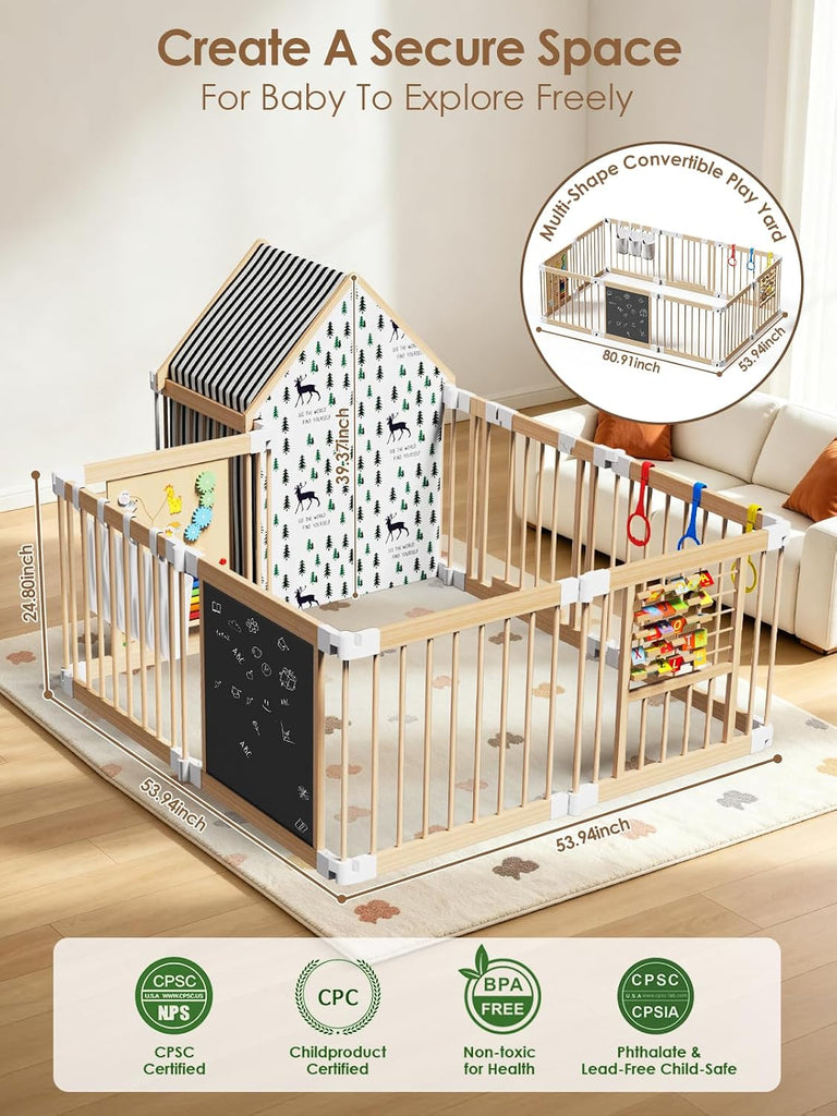 Large Wooden Baby Playpen with Locking Gate for Babies and Toddlers | Foldable Play Yard, Extra Large, Unique