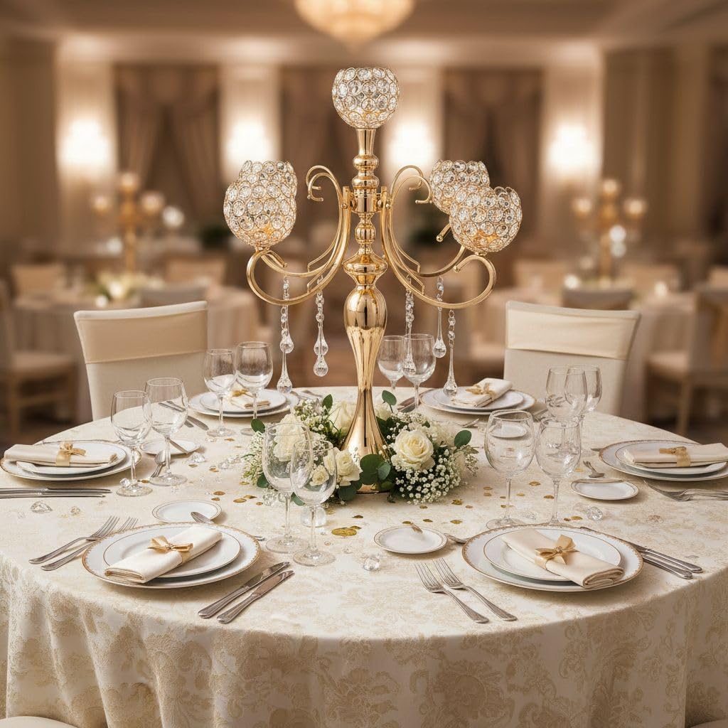 5 Arms Gold Candelabra Centerpiece 26 Inches Tall Chandelier Crystal Beaded Candle Holders for Table Centerpiece
