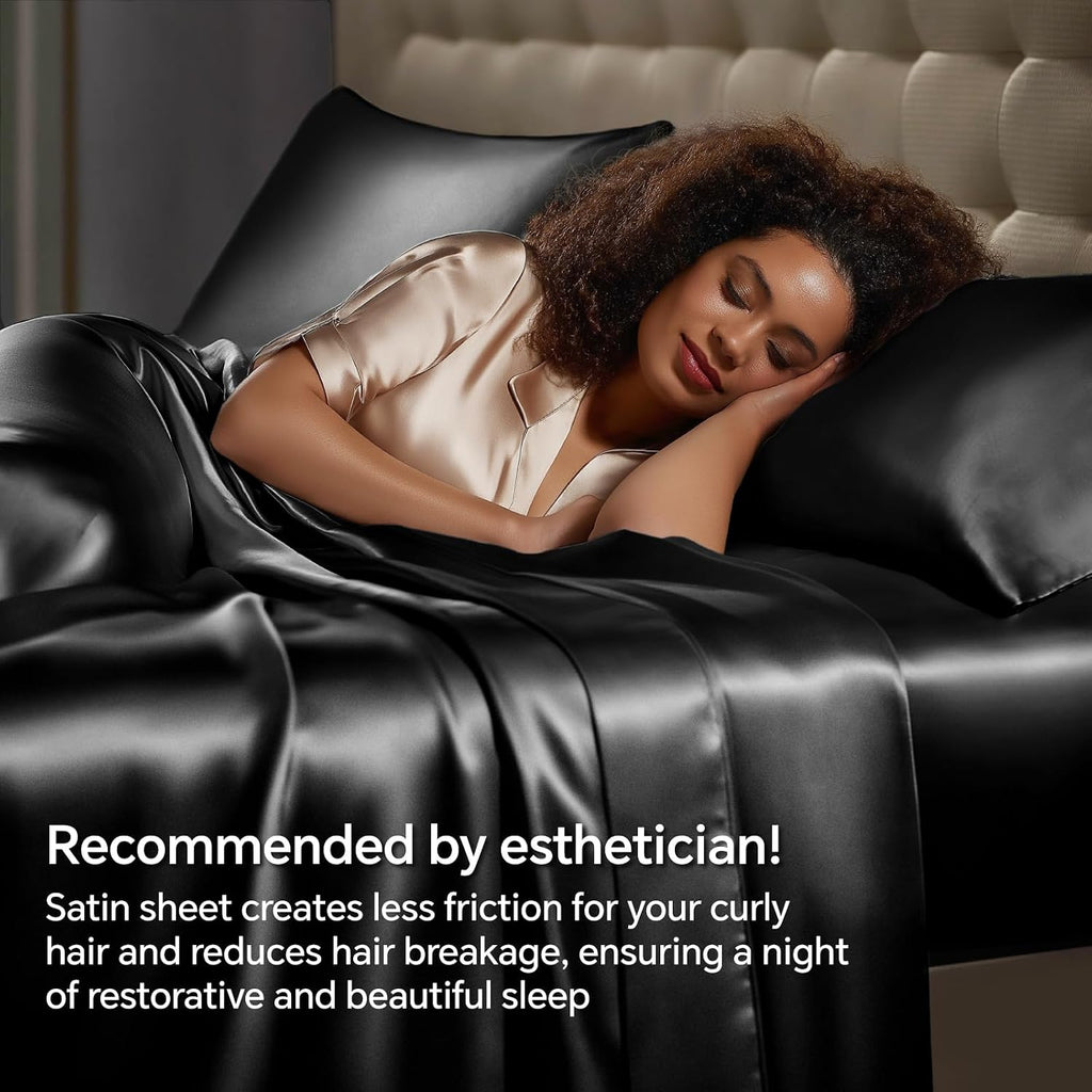 King Sheets Set, Luxury Soft Black Satin Sheets for Hair and Skin, Similar to Silk Bed Sheets Set 4 Pieces with 1