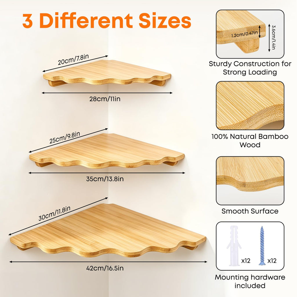 Corner Floating Shelf Wall Mount, Set of 3 Floating Corner Shelves, Bamboo Wood Corner Hanging Shelves with Cord Hole