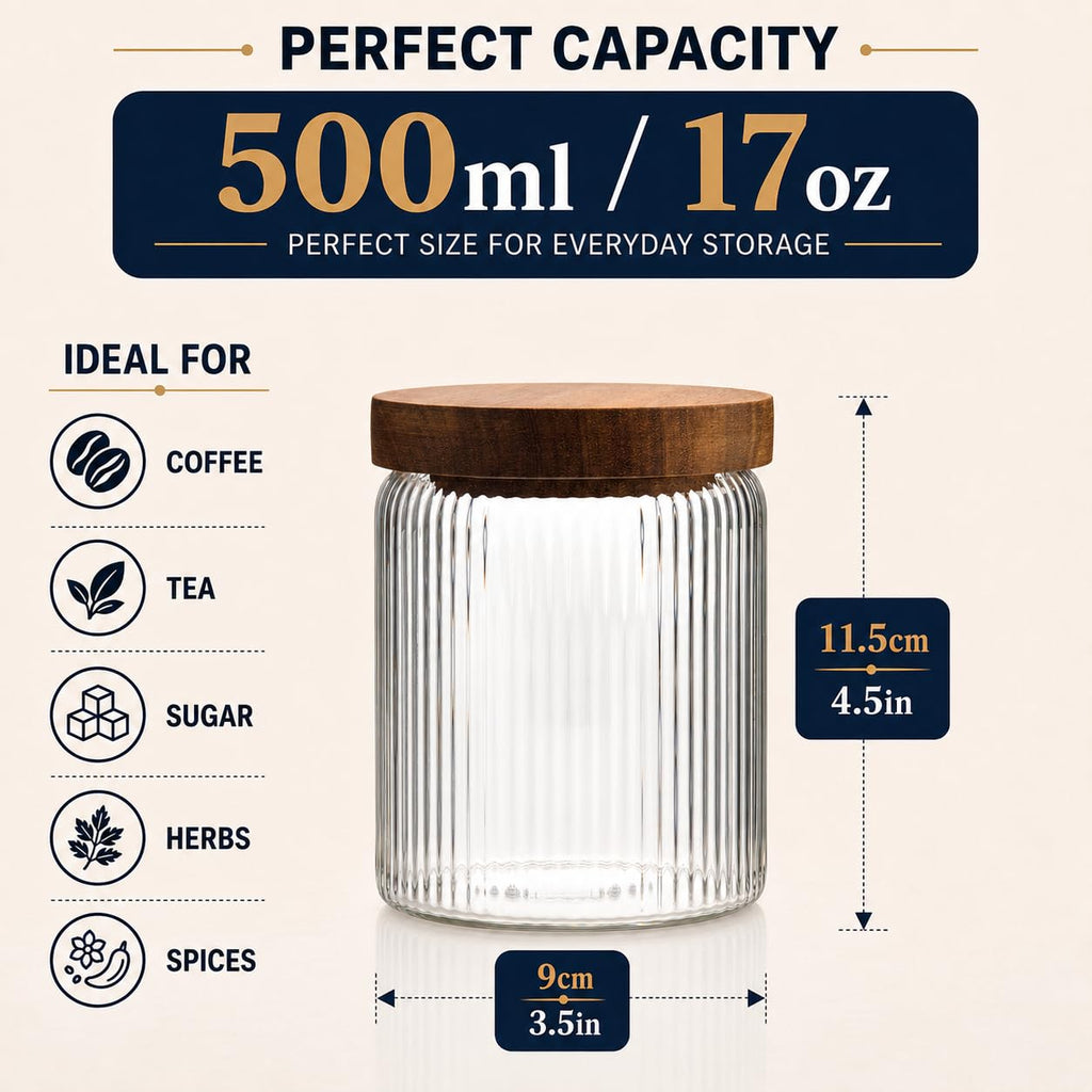 Ribbed Glass Jar with Wooden Lid 17oz, Set of 3 | Airtight Fluted Storage Canisters for Food, Tea, Coffee