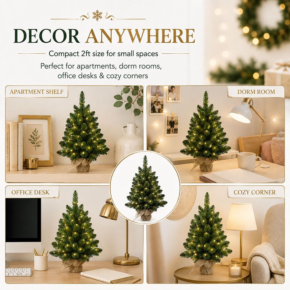 Small Christmas Tree with Lights, 2ft Table top Mini Xmas Tree