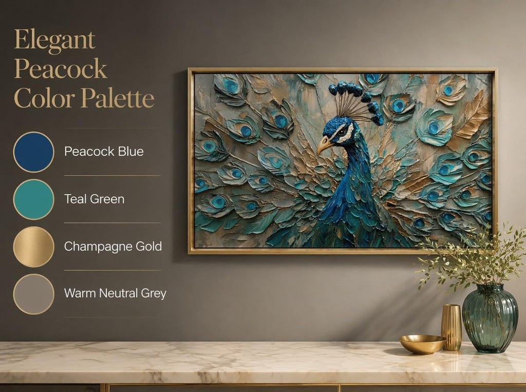 Framed Peacock Wall Art, Teal Blue Gold Wall Decor