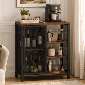 Coffee Bar Cabinet Liquor, Small Storage Cabinet, Farmhouse Industrial Buffet Sideboard Credenza with Adjustable