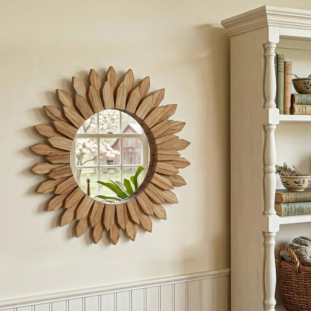 28" Round Sunburst Wooden Mirror Boho Rustic Wall Decor