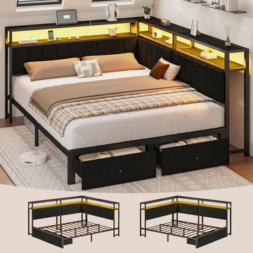 Queen Corner Bed Frame with Storage Drawers, Modern Daybed with LED Lights and Charging Station, Metal Platform Bed