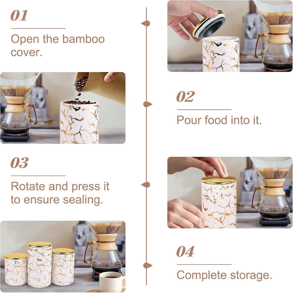 Ceramic Canister Set Countertop - A Kitchen Canisters with Tiered Shelf, Airtight Countertop Flour and Sugar - Set of 3