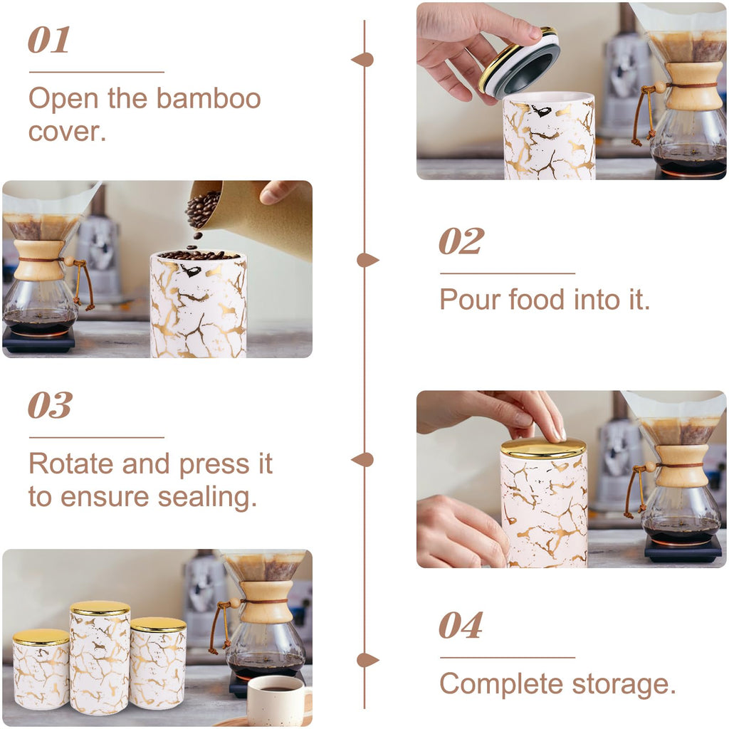 Elegant ceramic food storage jar with golden marble design, black and white, used for organizing kitchen and food