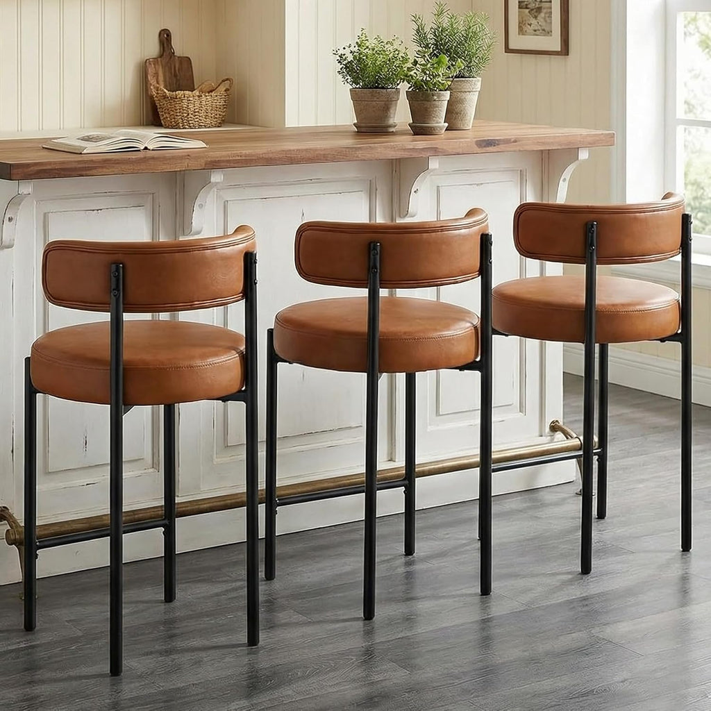 24'' Faux Leather Bar Stools Set of 3, Counter Height Bar Stools with Backs, Upholstered Counter Chairs Island (Vegan