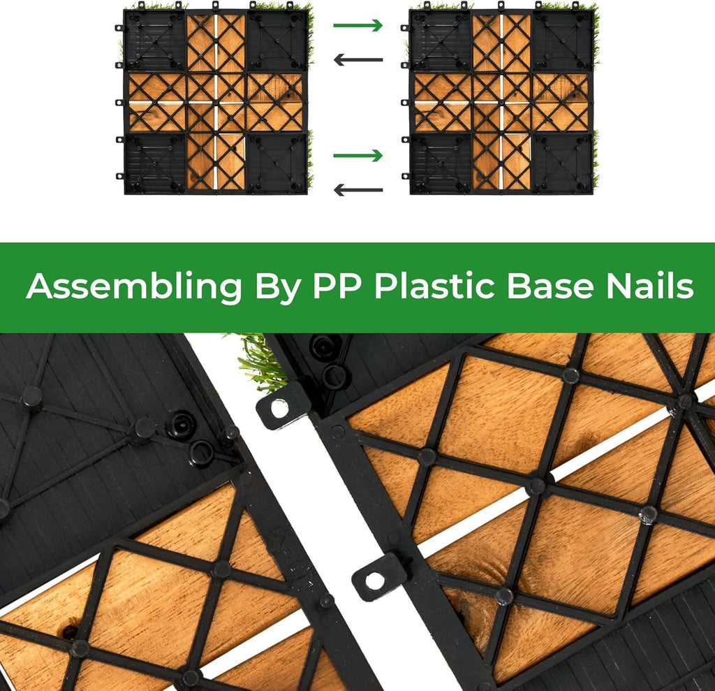 Interlocking Acacia Wood and Artificial Grass Deck Tiles, 12"x12", 0.94" Thick, Outdoor Patio Flooring for Garden