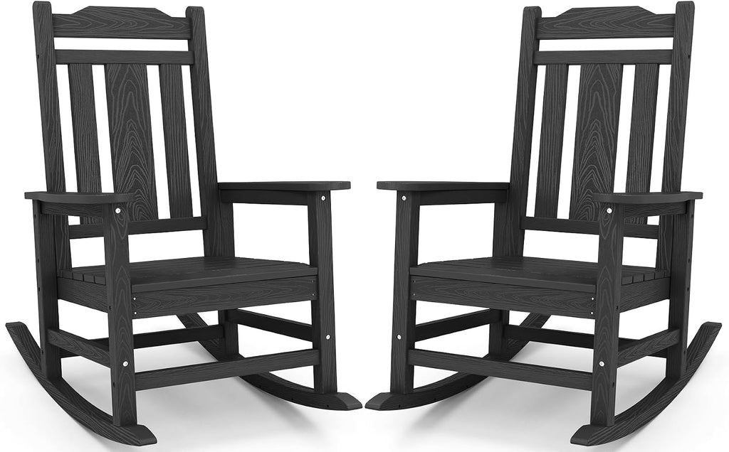 HDPE Oversized Outdoor Rocking Chairs Set of 2, Patio Rocker, Black | Heavy Duty Front Porch Rocker, All Weather