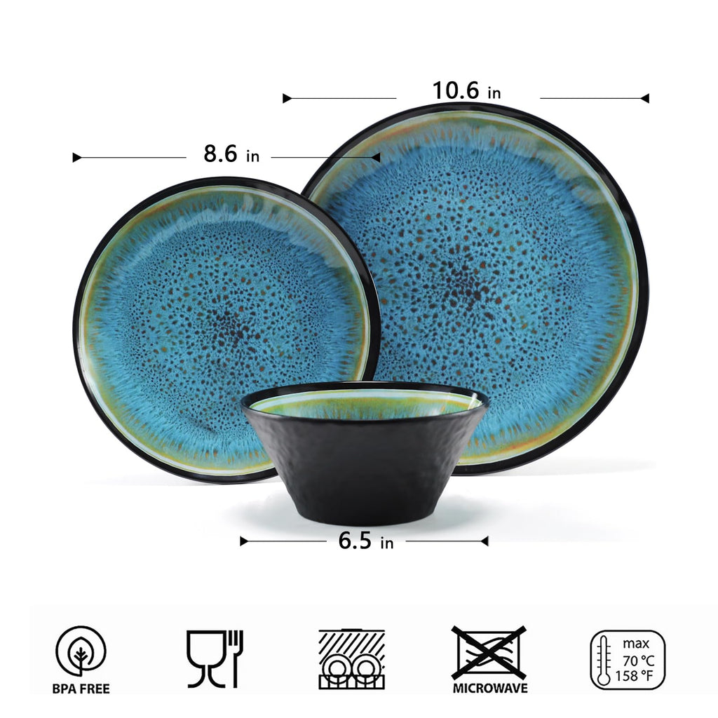 Melamine Dinnerware Sets, 12 Pcs Plates and Bowls for 4, Blue and Black