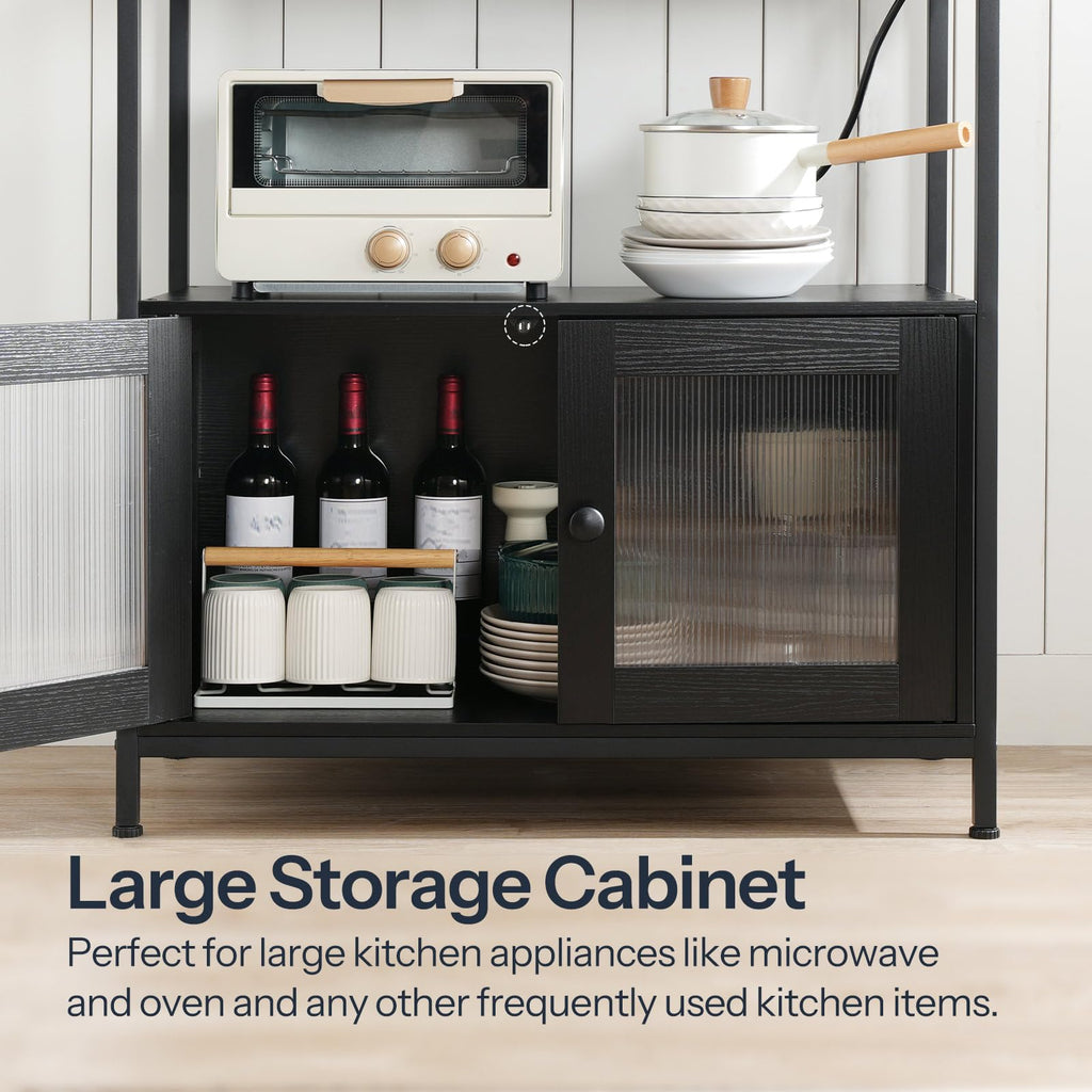 Bakers Rack with Storage Cabinet, 5-Tier Coffee Bar with Power Outlet and LED Lights, Industrial Microwave Oven Stand