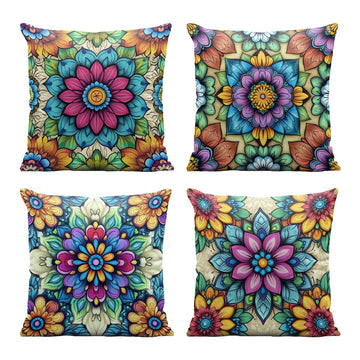 Boho Mandala Floral Pillow Covers 18x18 Inch Set of 4 Colorful Flowers Decorative Throw Pillow Case Cushion Case for