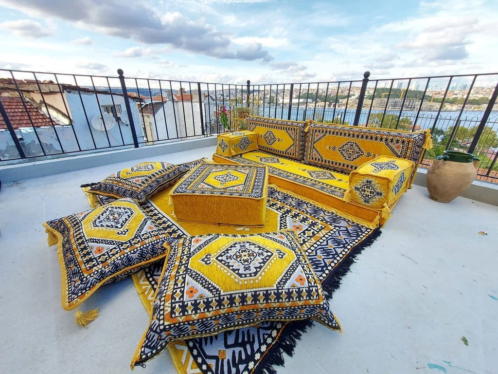 Ethnic Yellow Loveseat Floor Seating Sofas - Bohemian Style Floor Cushions Set