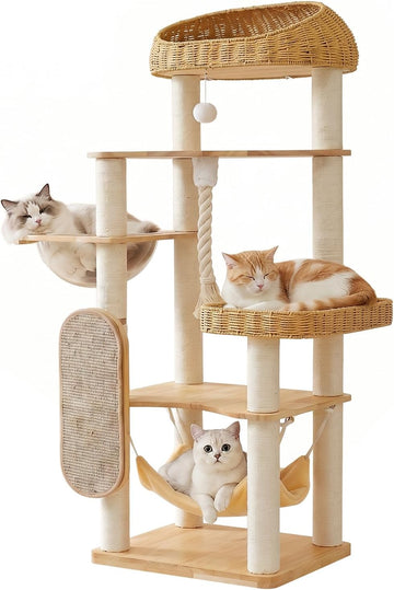 Solid Rubberwood Cat Tree Tower with Scratching Post, Hammock Ect, 65 Inch Hight