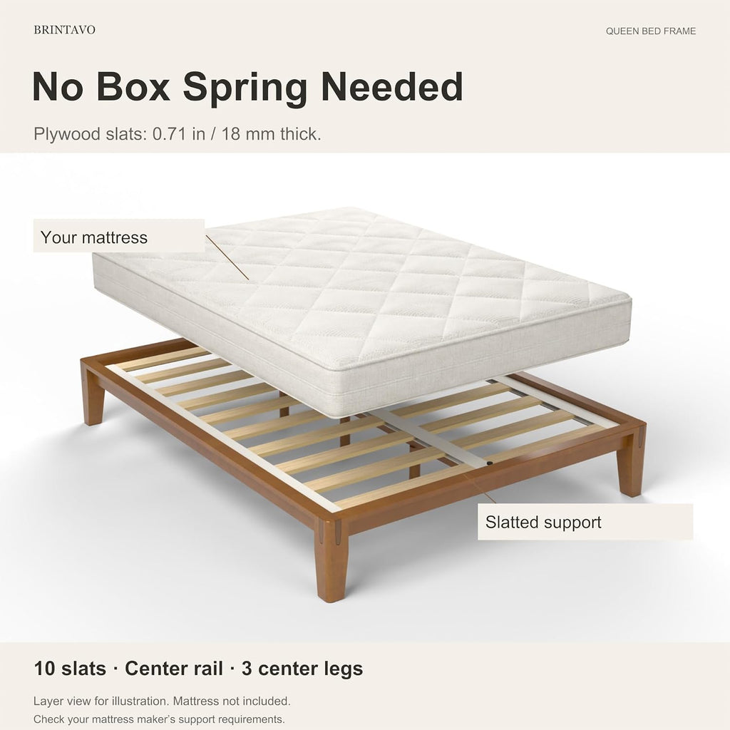 Bed Frame, Solid Rubberwood Main Frame with Plywood Slats, Japanese-Inspired Joinery, Tool-Free 10 Minute