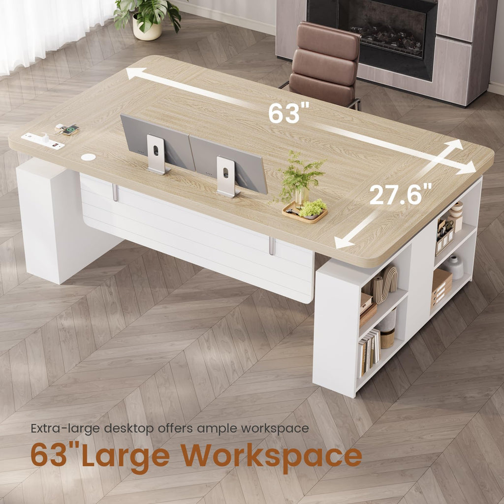 63" Executive Standing Desk with Storage, Executive Height Adjustable Desk with Power Outlets, Large Computer Office