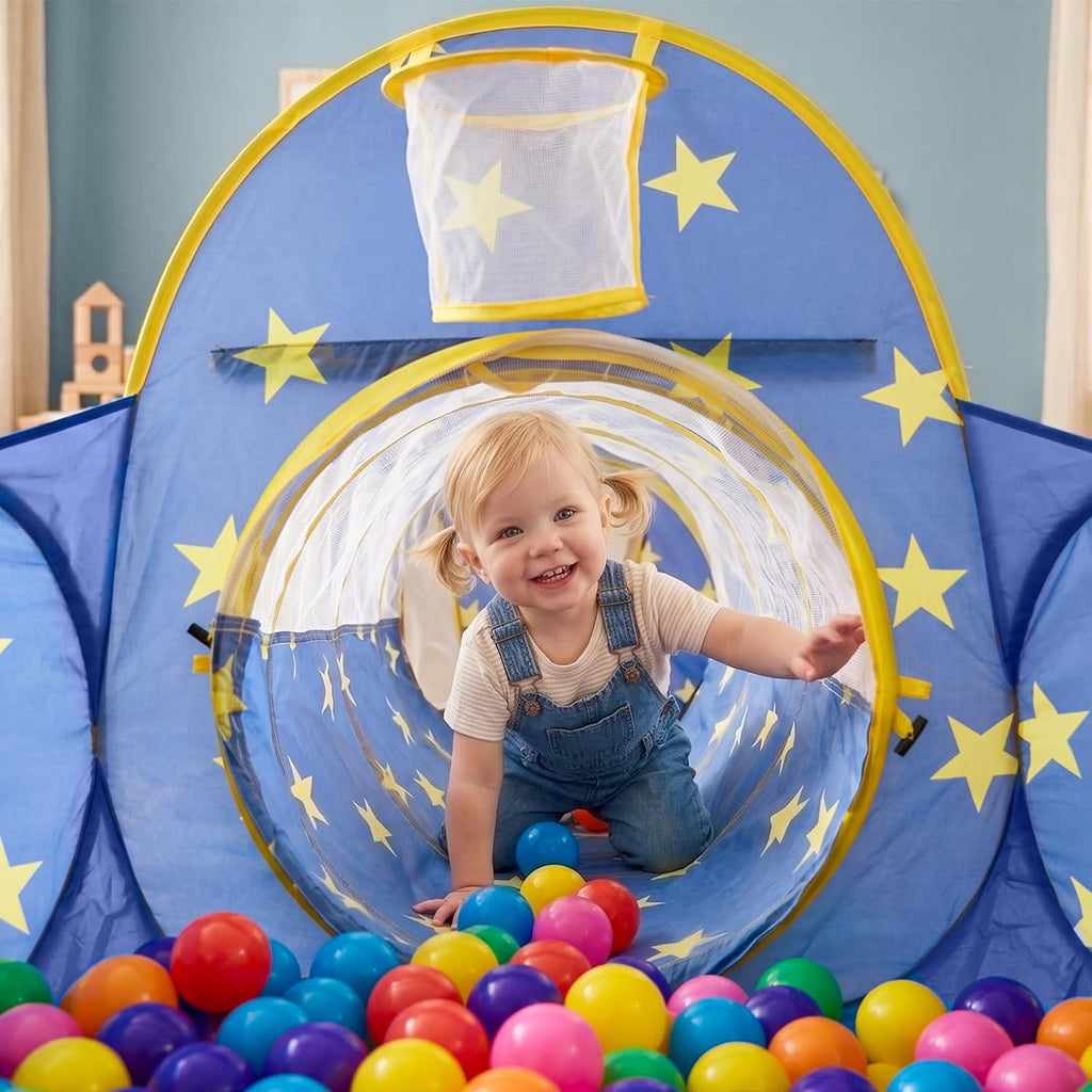 3pc Kids Play Tent for Boys with Ball Pit, Crawl Tunnel, Princess Tents for Toddlers, Baby Space World Playhouse
