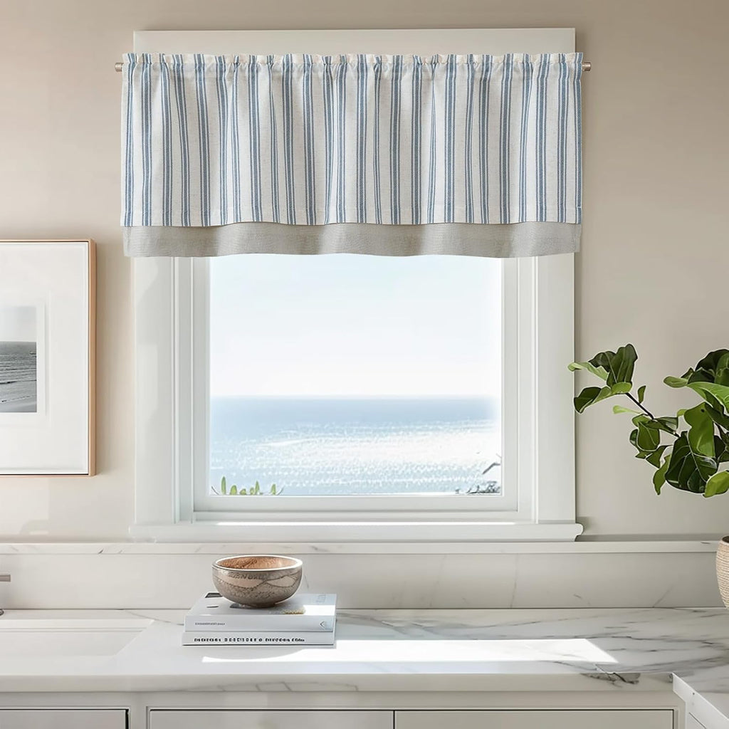 Blue Striped Linen Valance, 50" W x 18" L, Farmhouse Window Valance, Blue on Beige