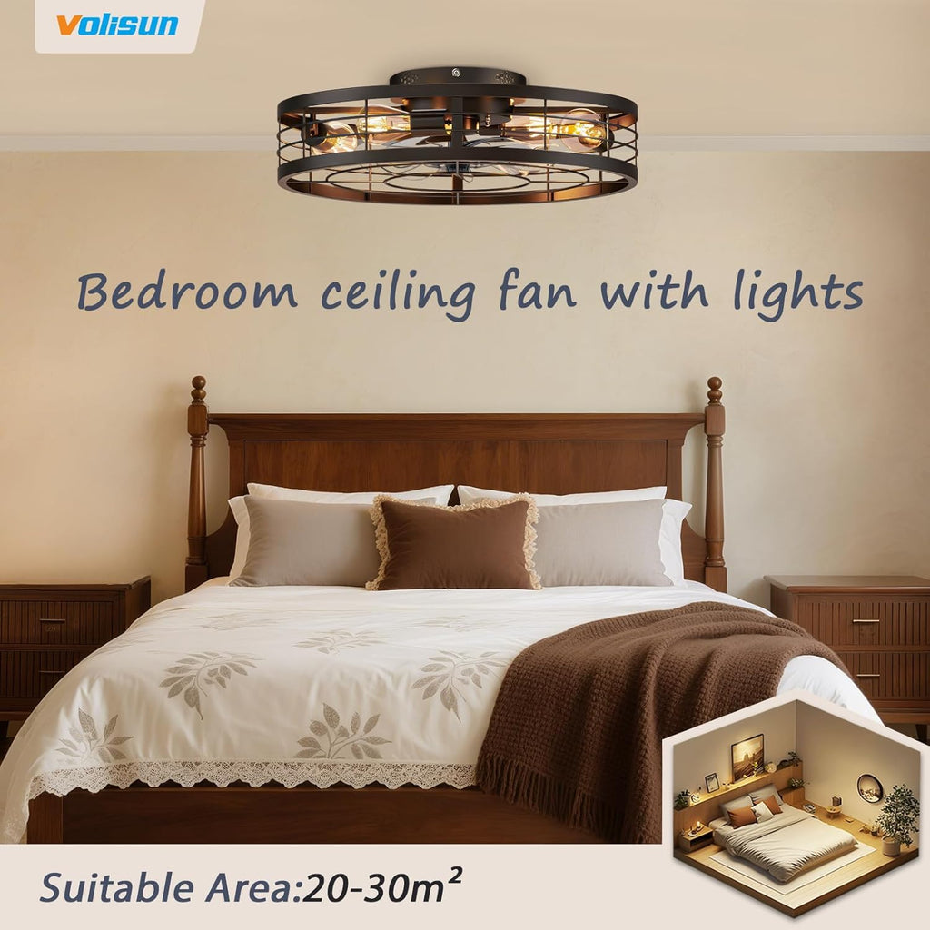 Caged Ceiling Fan with Light and Remote,23.6 inch Fandelier Ceiling Fan with Light Flush Mount