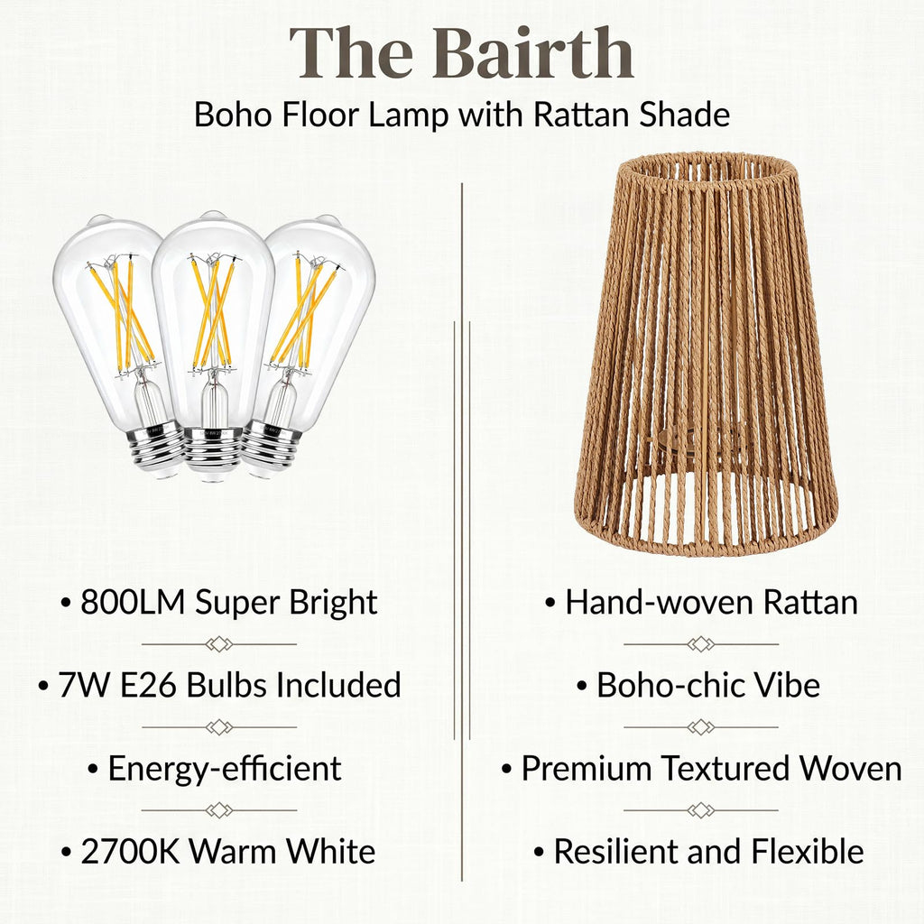 Boho Floor Lamp, Farmhouse Rattan 3-Light Floor Lamp