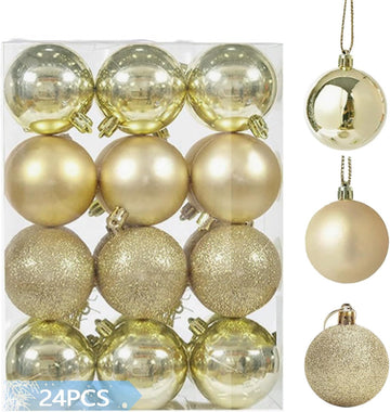 4cm/1.57" Shatterproof Christmas Balls Ornaments, Pre-Strung Hanging Xmas Tree Decorations, 3 Styles Holiday - Set of 24
