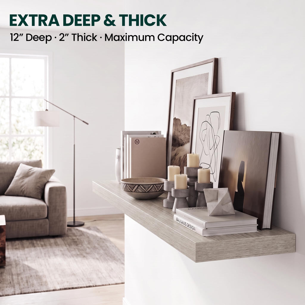 12 Inch Deep Floating Shelves Grey, 72 Inch Long, 2" Thick Floating Shelves for Wall, Hidden Bracket