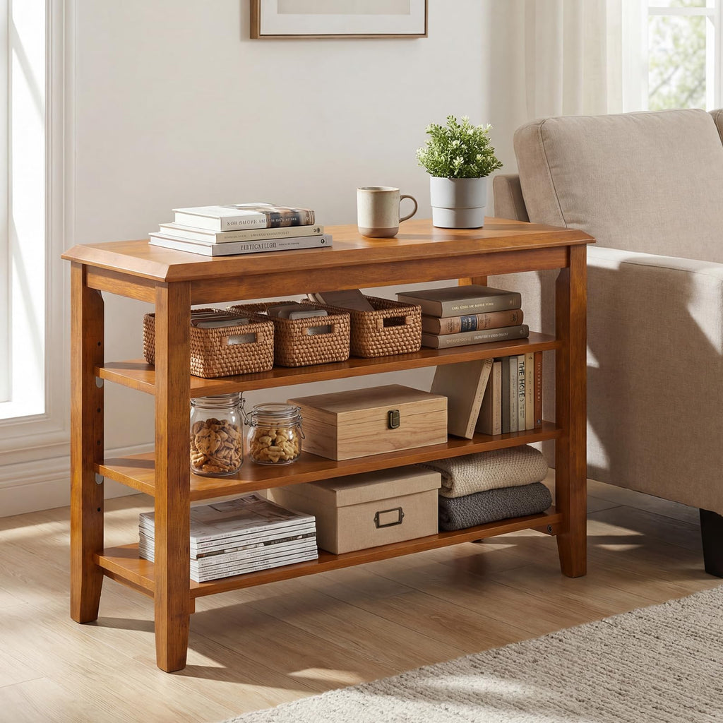 4-Tier Shoe Rack Bench, Rubber Wood Entryway Bench with Adjustable Shelves, Mid-Century Modern Shoe Storage Bench