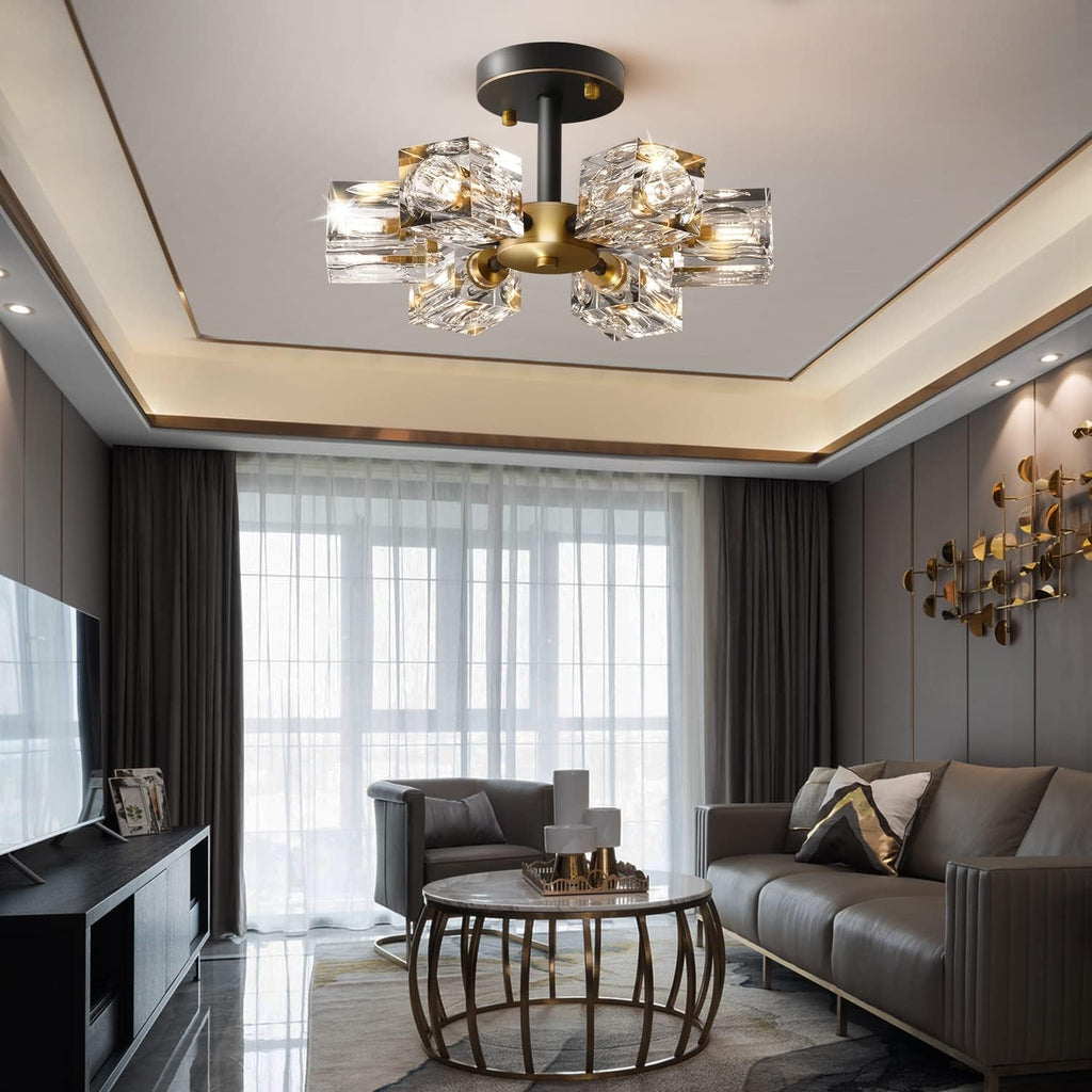 Semi Flush Mount Ceiling Light,13inch Modern Black and Gold Crystal Chandeliers,6-Lights Industrial Sputnik