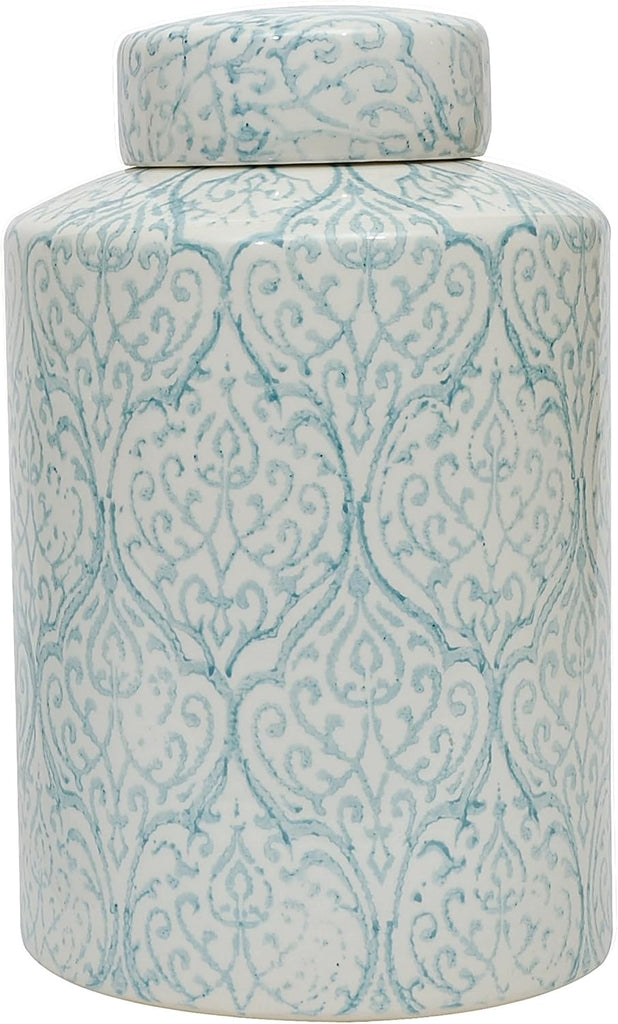 Tall Decorative Ceramic Ginger Jar with Lid, Blue and White Floral Pattern