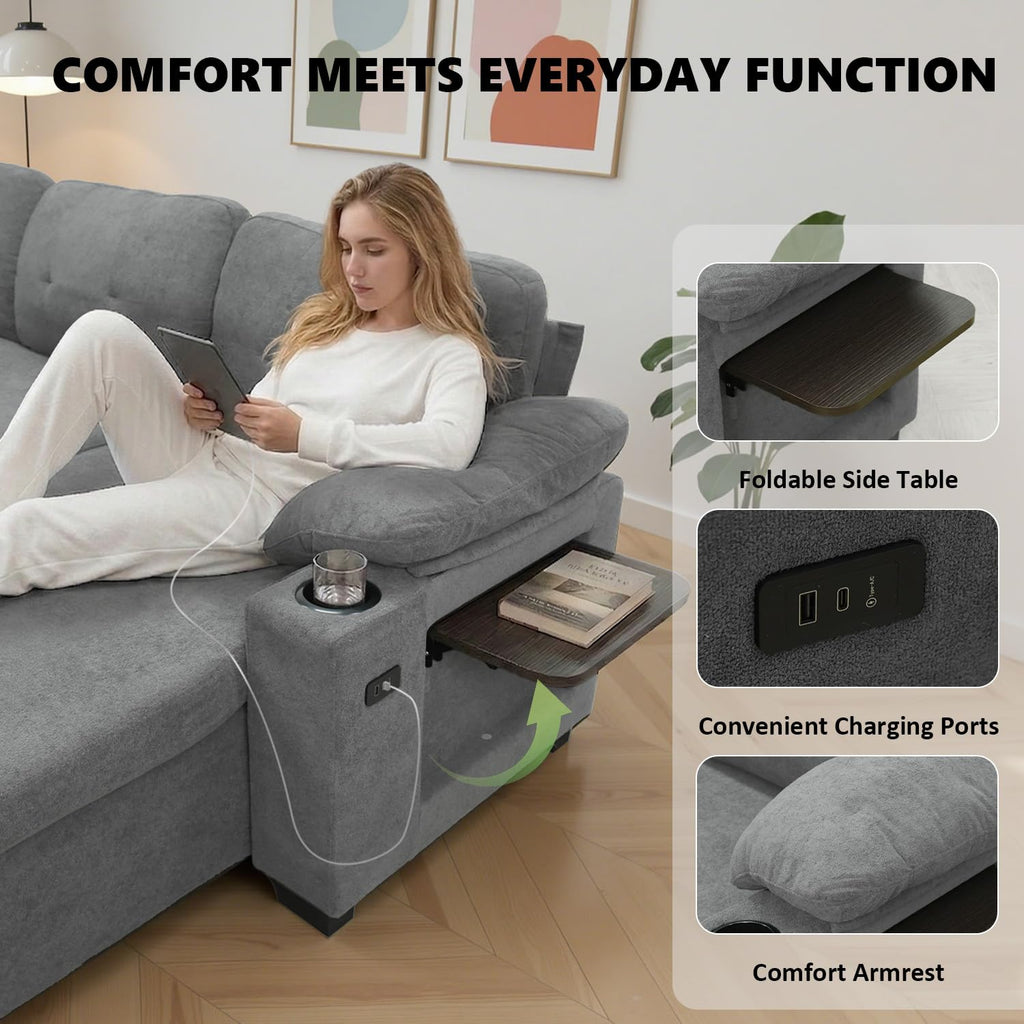 93" L Shaped Sleeper Sofa Bed, Pull Out Sectional Couch with Storage Chaise/Reclining Backrest, Sectional Couches