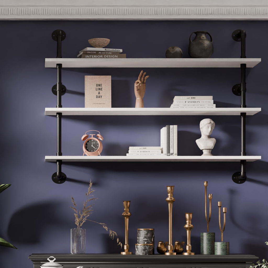 Industrial Pipe Shelving Rustic White Pipe Wall Shelves Industrial Shelves with Wood Planks Floating Shelves 48 Inch