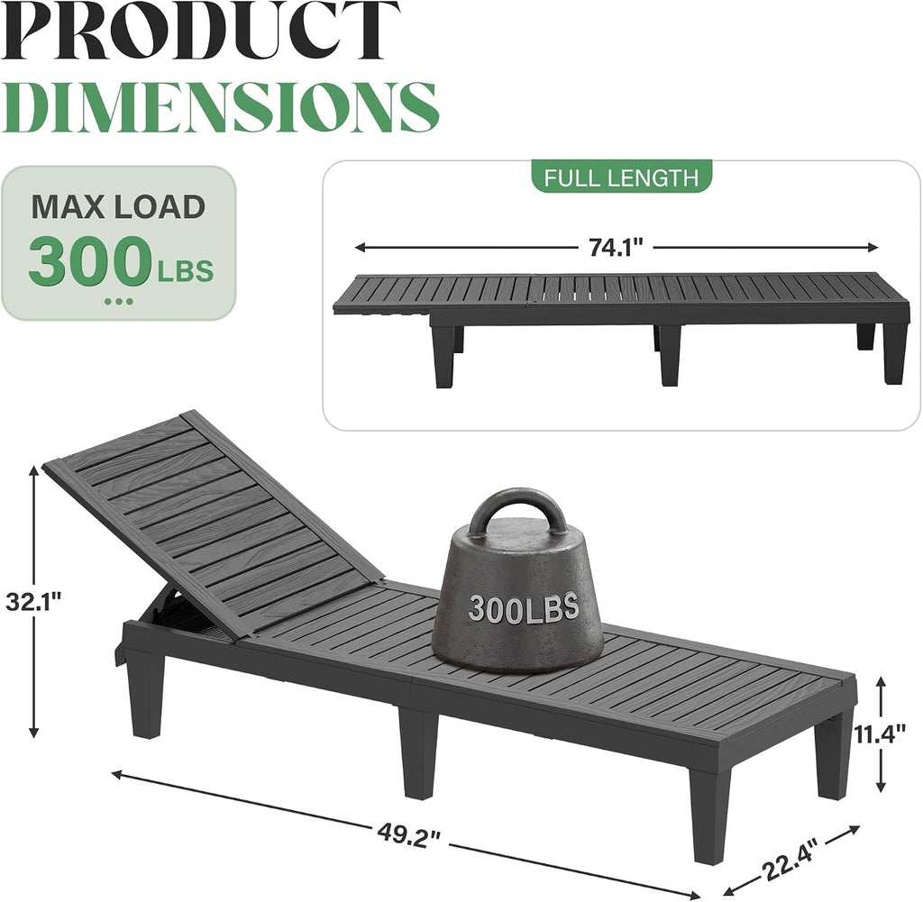 Outdoor Chaise Lounge Chair Set, Patio Chairs(Black Striped, Set of 2) | Wood-Grain HDPE, 5-Position Recline, Patio