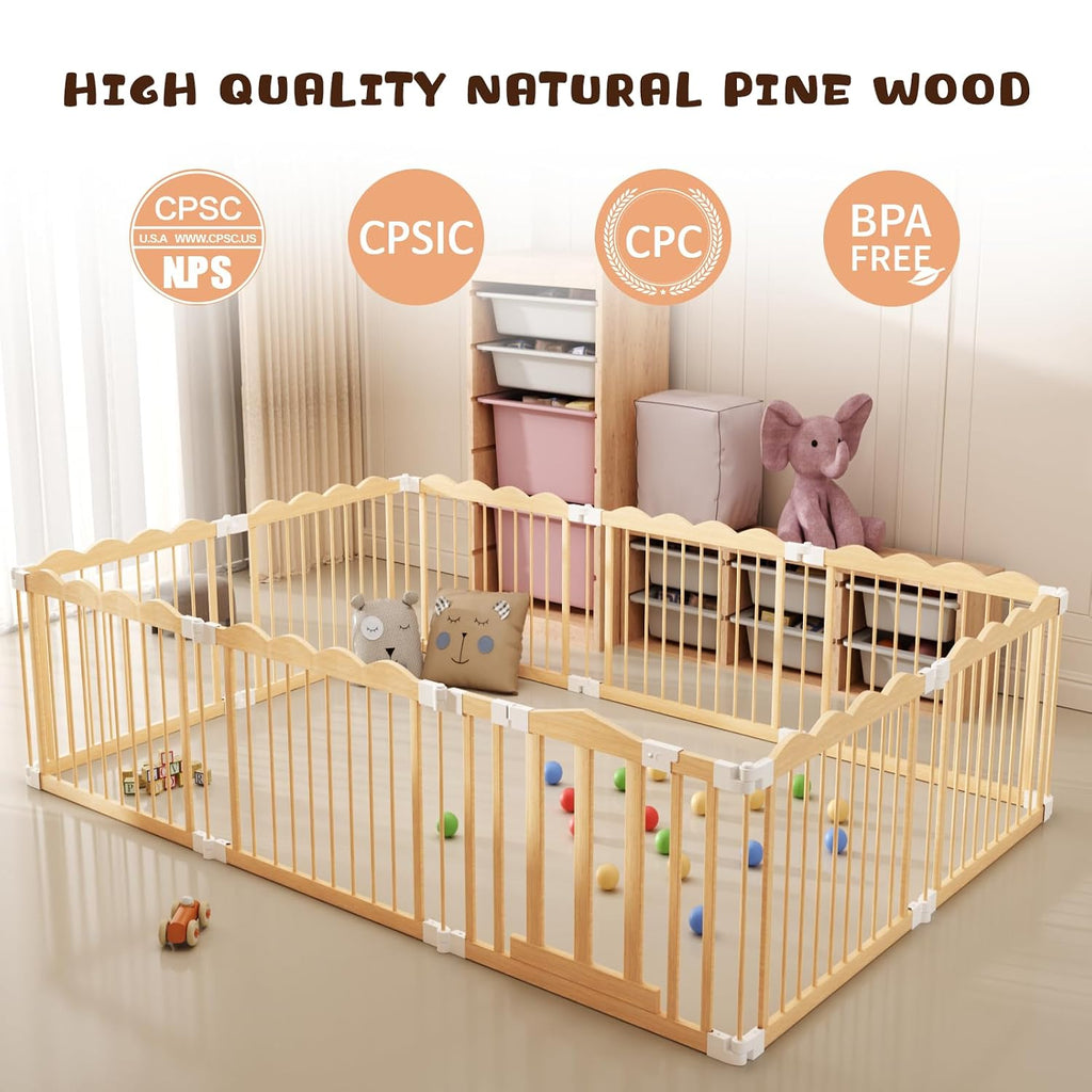 Foldable Baby Playpen Natural Wood Playpen for Babies,Toddlers,Kids Portable Infant Play pens with Door Extra Large
