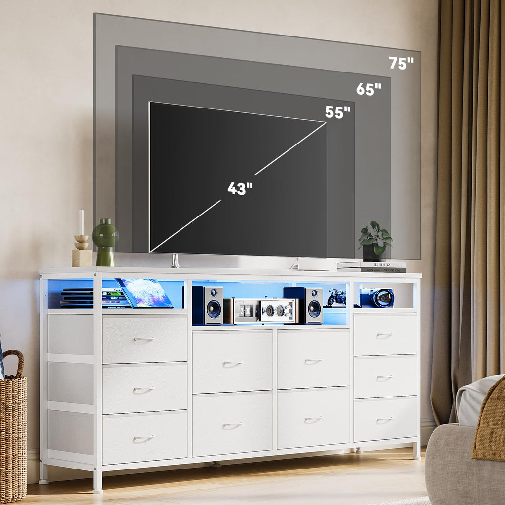 Dresser with LED Lights & Power Outlets, 63 Inch TV Stand Dressers with 10 Fabric Drawers, Entertainment Center with