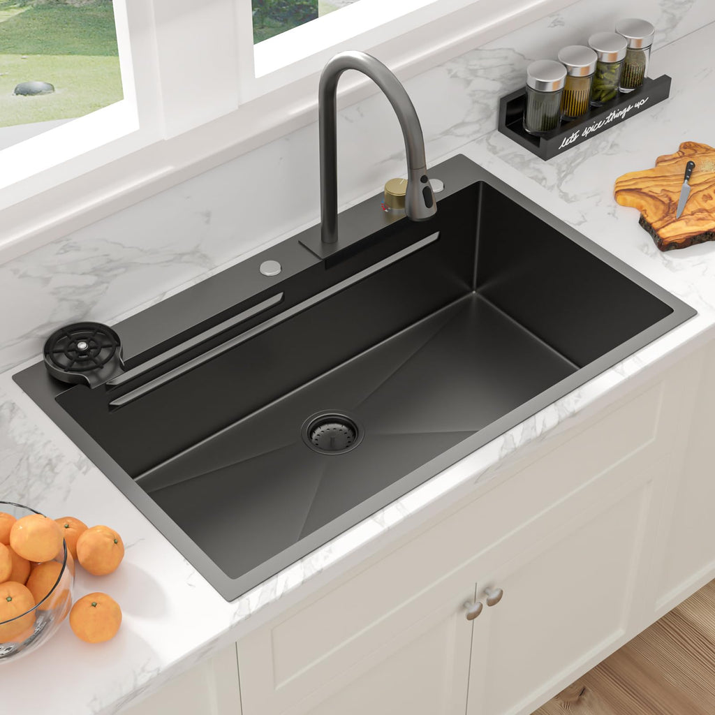 36 Inch Waterfall Kitchen Sink Workstation - 36x22 Black Waterfall Drop In Sink Stainless Steel 16 Gauge Sink